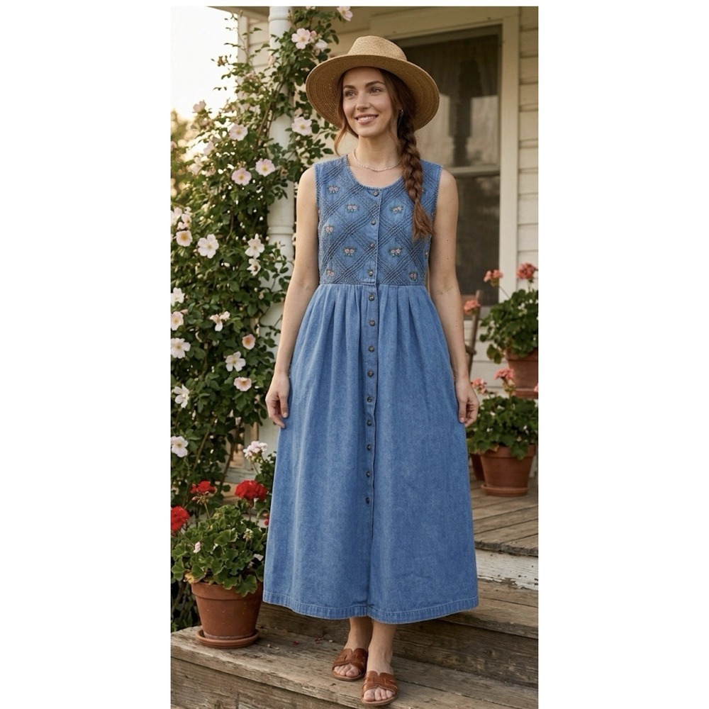 Vtg 90s Cottagecore Denim Maxi Dress Floral Embroidered Smocked Coquette L - Picture 3 of 13